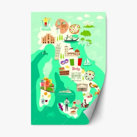 Pegatina reposicionable mapa ilustrado de Italia con monumentos y gastronomía – Pixers®