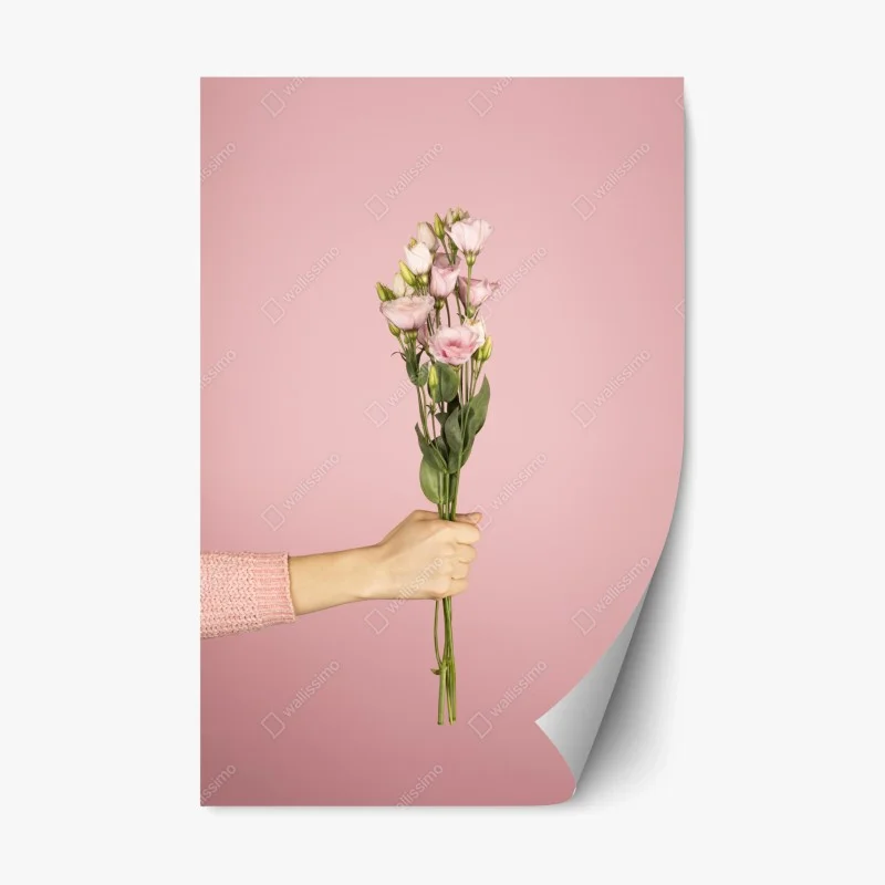 Pegatina reposicionable ramo rosa minimalista en fondo rosa