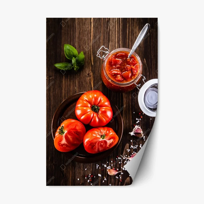 Pegatina reposicionable tomates maduros y salsa casera sobre madera rústica