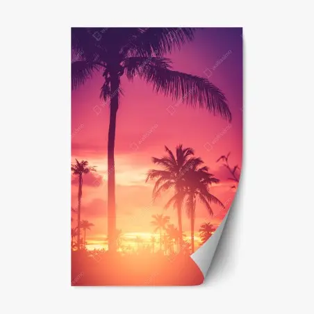 Pegatina reposicionable atardecer tropical entre palmeras – Pixers®