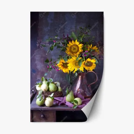 Pegatina reposicionable bodegón otoñal con girasoles y peras – Pixers®