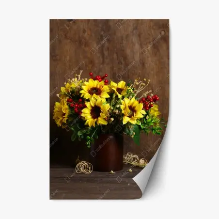 Pegatina reposicionable ramo otoñal de girasoles sobre fondo de madera – Pixers®