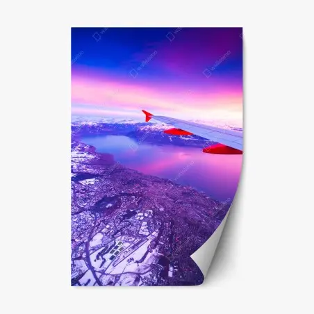 Pegatina reposicionable amanecer púrpura sobre lago y montañas desde el avión – Pixers®
