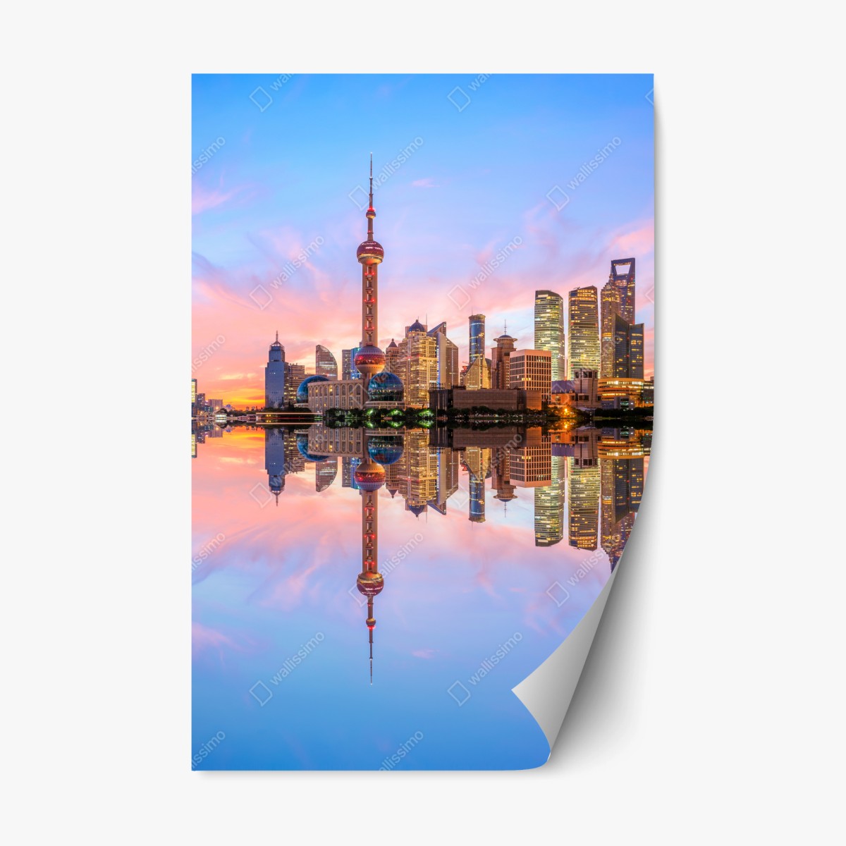 Pegatina reposicionable amanecer en Shanghai: horizonte urbano reflejado – Pixers®