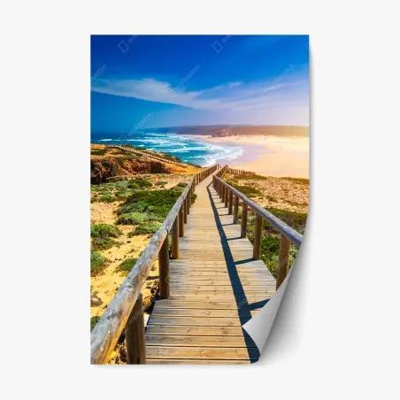 Pegatina reposicionable amanecer en Praia da Bordeira: pasarela hacia el mar – Pixers®