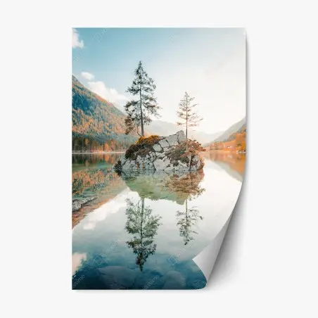 Pegatina reposicionable isla rocosa reflejada en Lago Hintersee, Baviera – Pixers®
