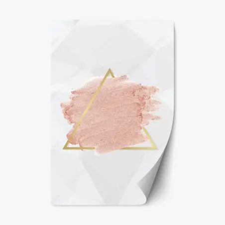 Pegatina reposicionable brochazo rosa pastel con triángulo dorado sobre fondo geométrico – Pixers®