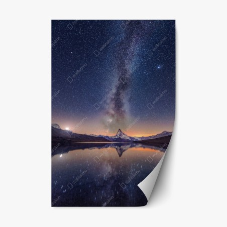 Pegatina reposicionable cielo estrellado sobre montaña reflejada – Pixers®