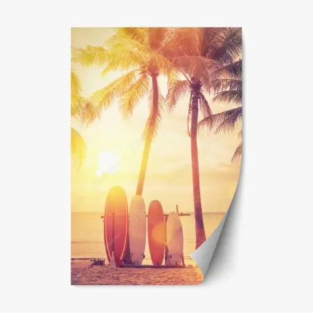 Pegatina reposicionable atardecer tropical con tablas de surf – Pixers®