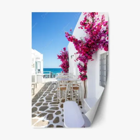Pegatina reposicionable rincón Mediterráneo con buganvillas junto al mar – Pixers®