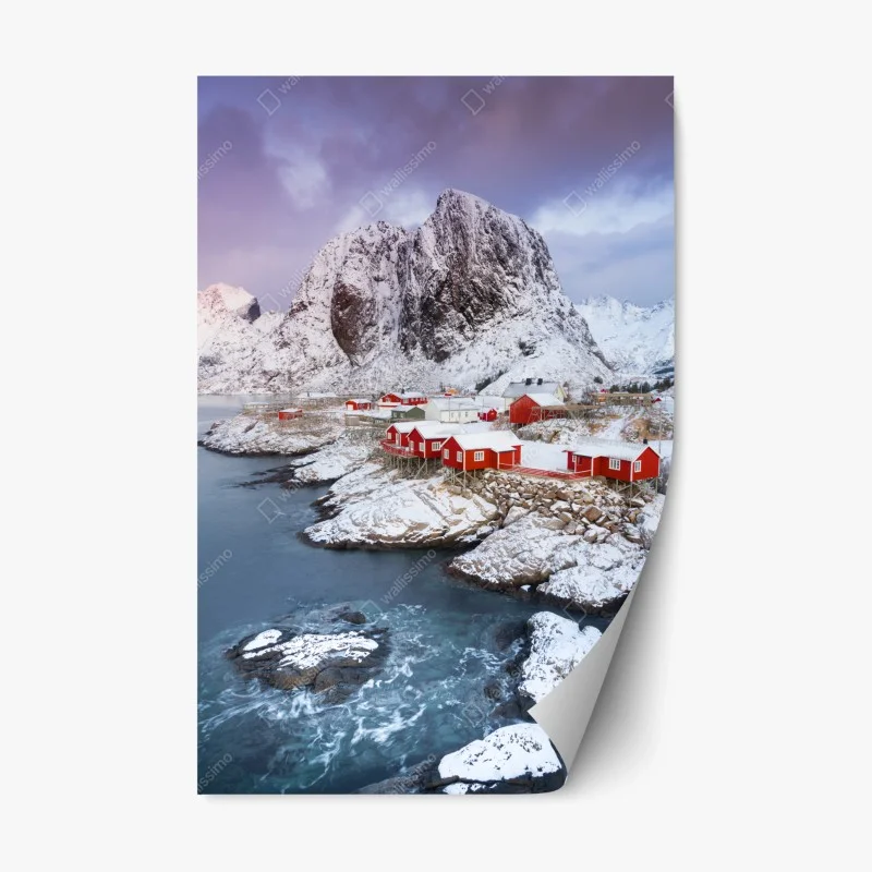 Pegatina reposicionable paisaje costero nevado con casas rojas