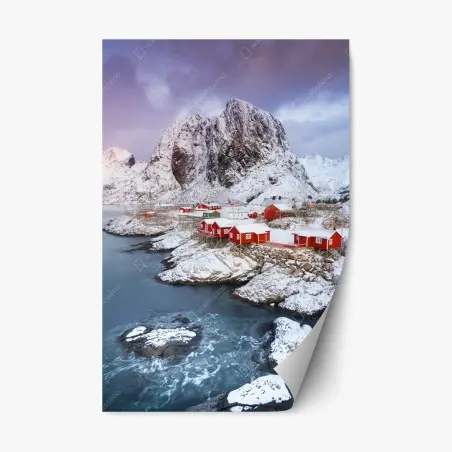 Pegatina reposicionable paisaje costero nevado con casas rojas – Pixers®