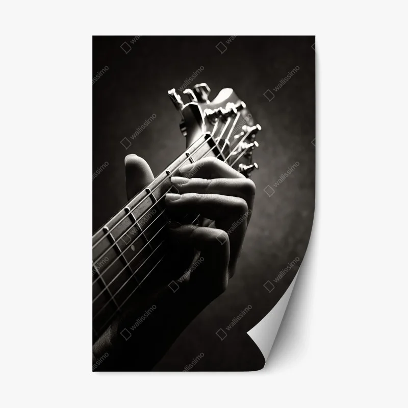 Pegatina reposicionable melodía en las cuerdas: detalle de mano guitarrista