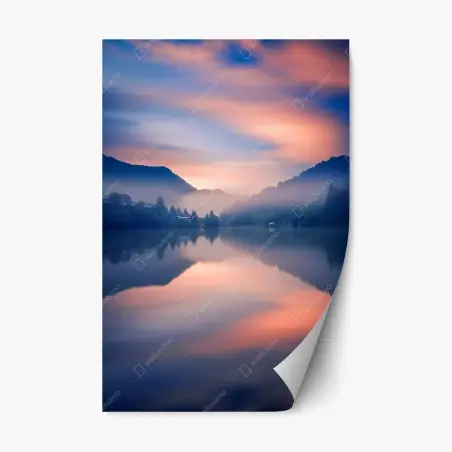 Pegatina reposicionable amanecer brumoso en el lago – Pixers®
