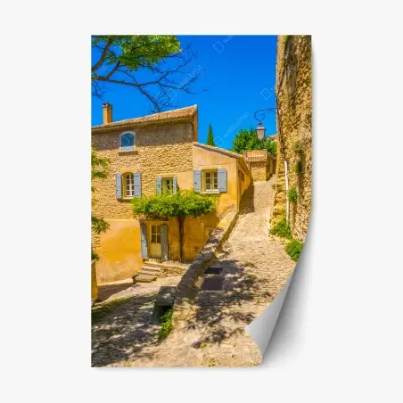 Pegatina reposicionable escena soleada de pueblo de piedra – Pixers®