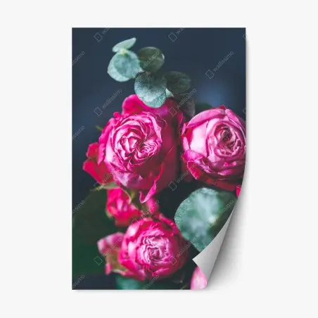 Pegatina reposicionable ramo de rosas rosa intenso sobre fondo azul – Pixers®