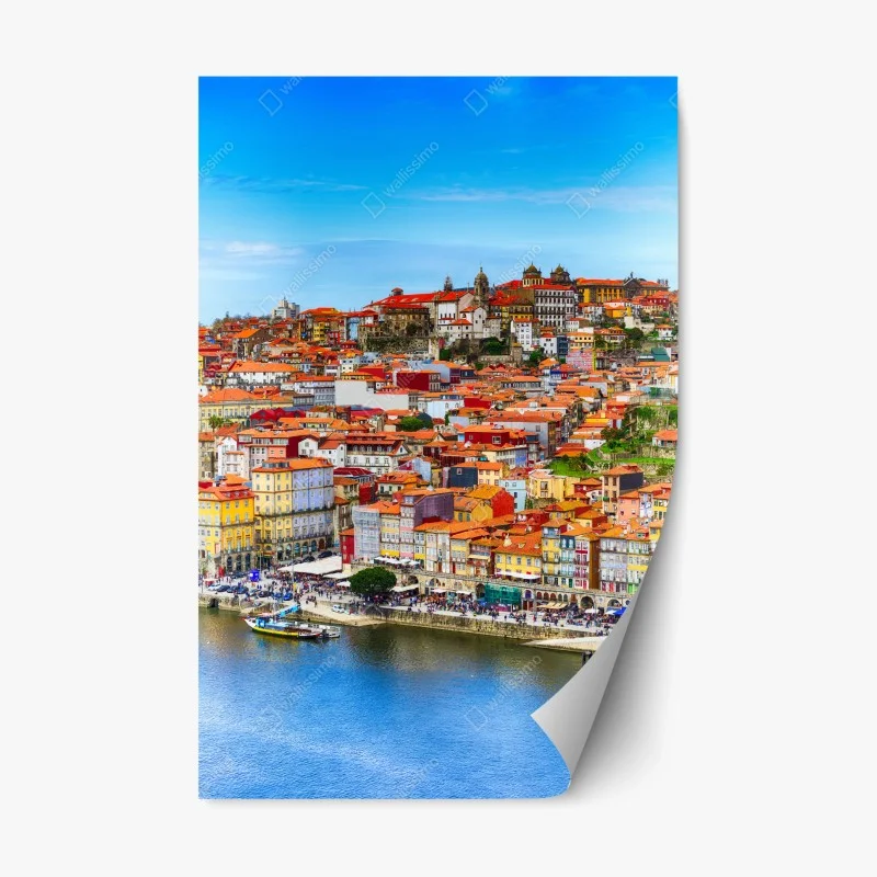Pegatina reposicionable paisaje urbano colorido de Porto junto al río