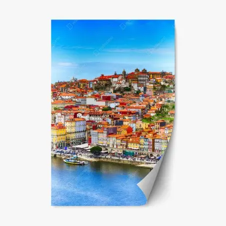 Pegatina reposicionable paisaje urbano colorido de Porto junto al río – Pixers®