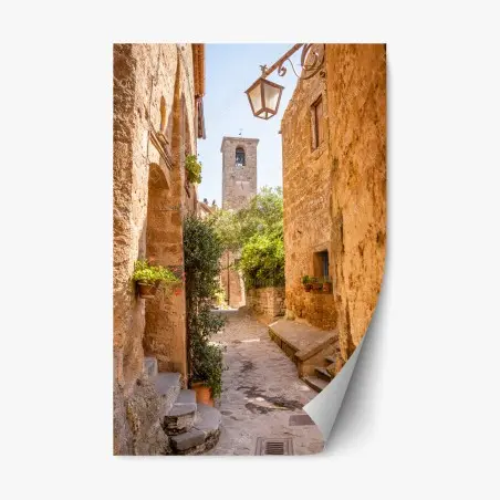 Pegatina reposicionable Civita di Bagnoregio, calle medieval bañada en luz dorada – Pixers®