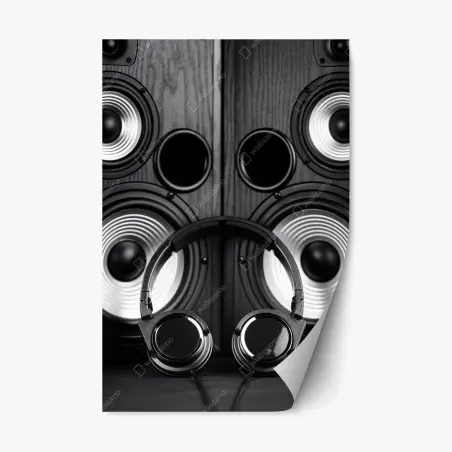 Pegatina reposicionable auriculares frente a altavoces en blanco y negro – Pixers®