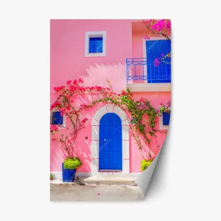 Pegatina reposicionable fachada mediterránea en rosa y azul – Pixers®