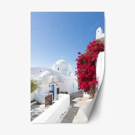 Pegatina reposicionable encanto mediterráneo: calle blanca con buganvillas – Pixers®