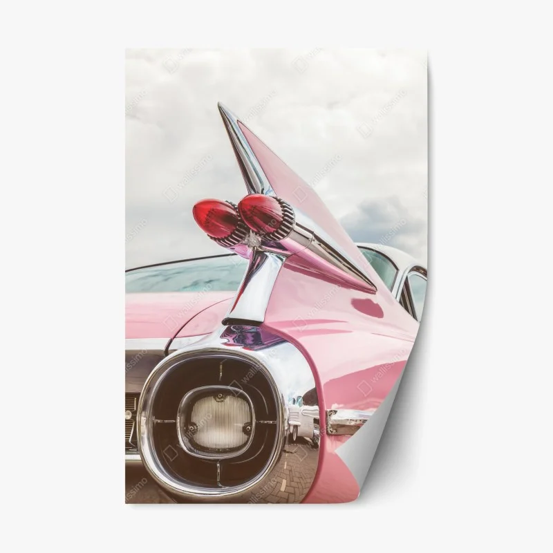 Pegatina reposicionable icono retro: coche clásico rosa con aleta cromada