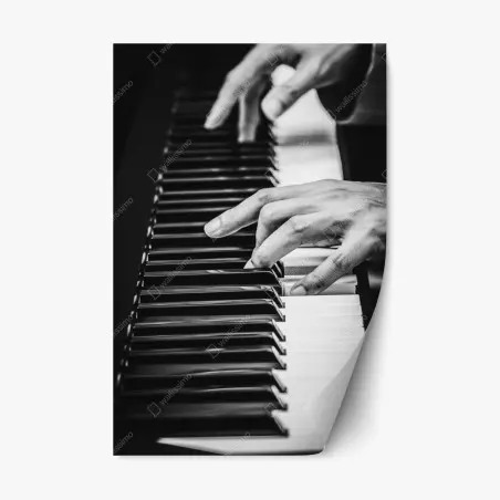 Pegatina reposicionable manos sobre teclado de piano en blanco y negro – Pixers®