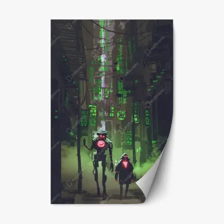 Pegatina reposicionable caminantes mecánicos en un callejón de neón – Pixers®