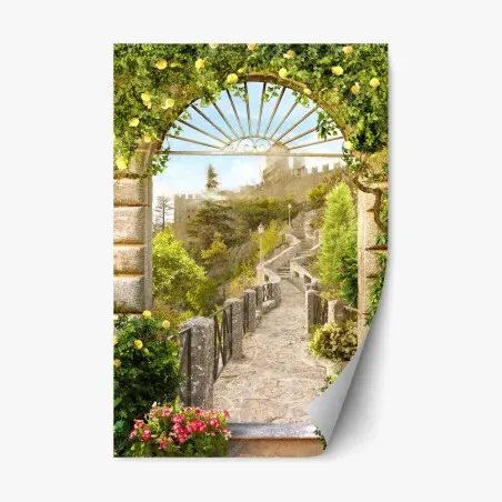 Pegatina reposicionable camino al castillo entre rosas – Pixers®