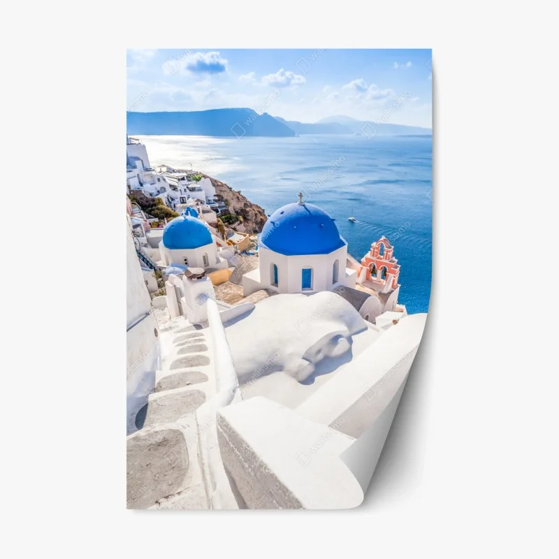 Pegatina reposicionable cúpulas azules de Santorini sobre el mar