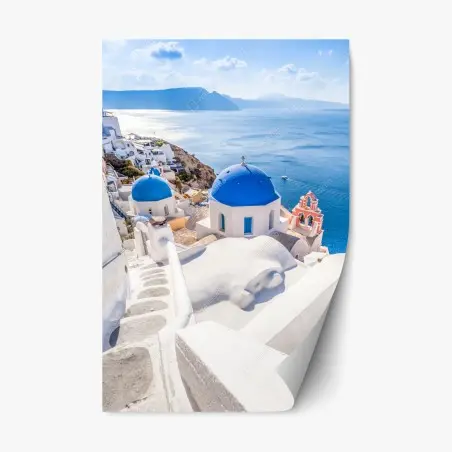 Pegatina reposicionable cúpulas azules de Santorini sobre el mar – Pixers®