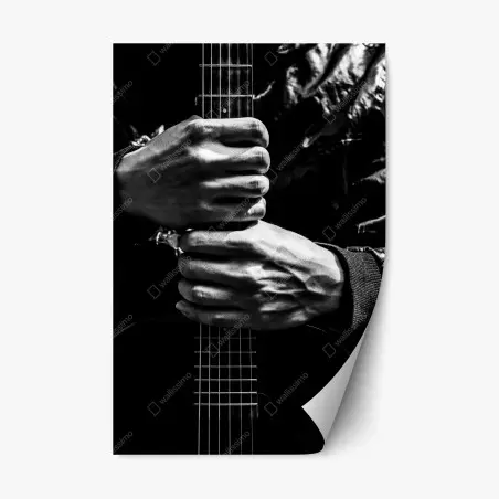 Pegatina reposicionable manos sobre la guitarra, contraste en blanco y negro – Pixers®