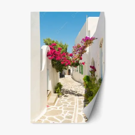 Pegatina reposicionable rincón mediterráneo de casas blancas y buganvillas – Pixers®