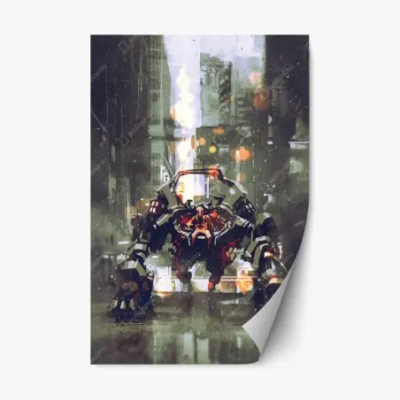 Pegatina reposicionable mecha colosal en la ciudad nocturna – Pixers®