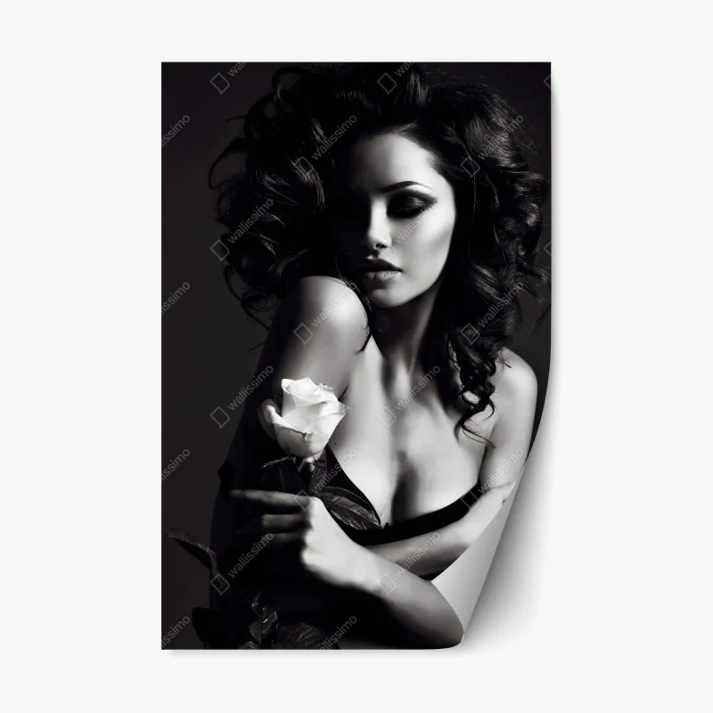 Pegatina reposicionable mujer con rosa en blanco y negro