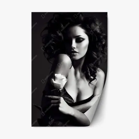 Pegatina reposicionable mujer con rosa en blanco y negro – Pixers®
