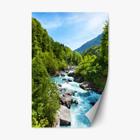Pegatina reposicionable río turquesa entre montañas y bosque – Pixers®