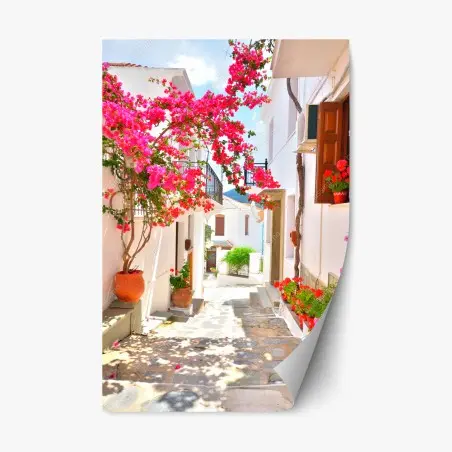 Pegatina reposicionable calle mediterránea con buganvillas en flor – Pixers®