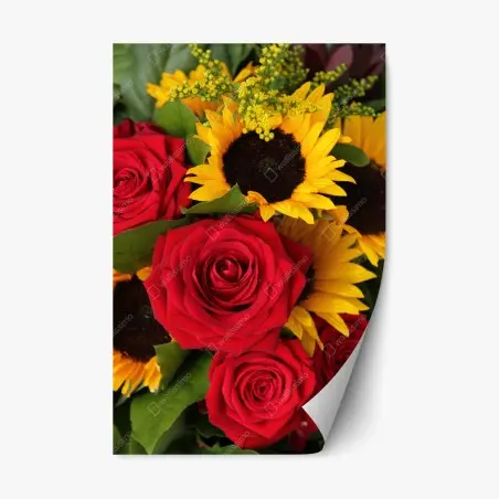 Pegatina reposicionable ramo de rosas rojas y girasoles vibrantes – Pixers®