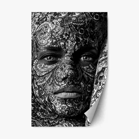 Pegatina reposicionable rostro cubierto de motivos florales en blanco y negro – Pixers®