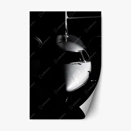 Pegatina reposicionable perfil frontal minimalista de avión en blanco y negro – Pixers®