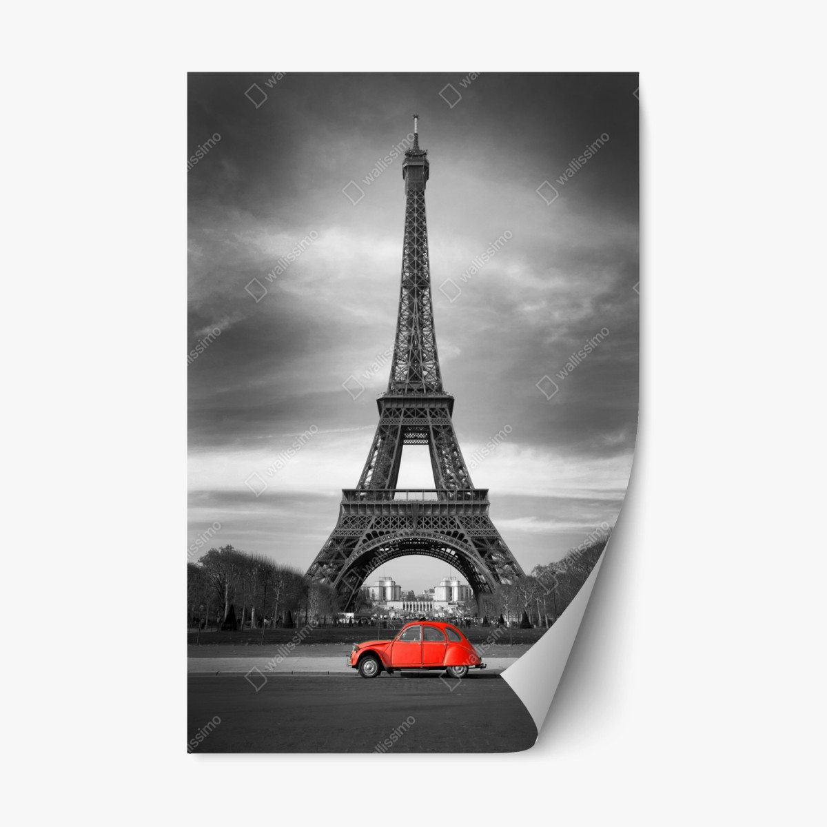 Pegatina reposicionable París en contraste: coche rojo frente a la Torre Eiffel – Pixers®