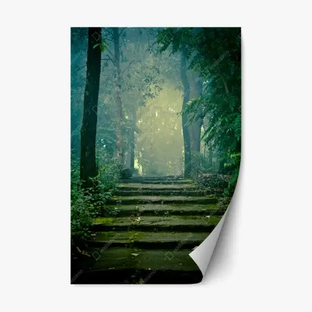 Pegatina reposicionable escalera de piedra hacia un bosque brumoso – Pixers®