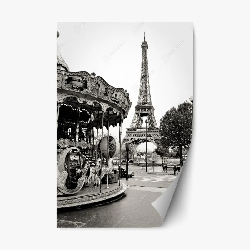 Pegatina reposicionable encanto nostálgico: carrusel frente a la Torre Eiffel