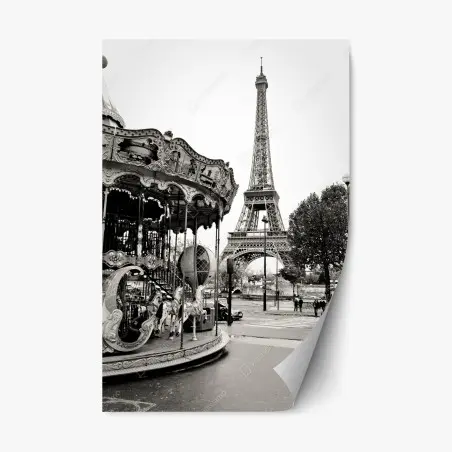 Pegatina reposicionable encanto nostálgico: carrusel frente a la Torre Eiffel – Pixers®
