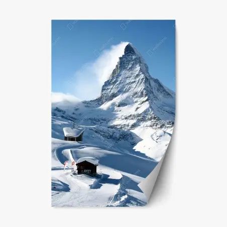 Pegatina reposicionable paisaje alpino nevado con pico majestuoso – Pixers®