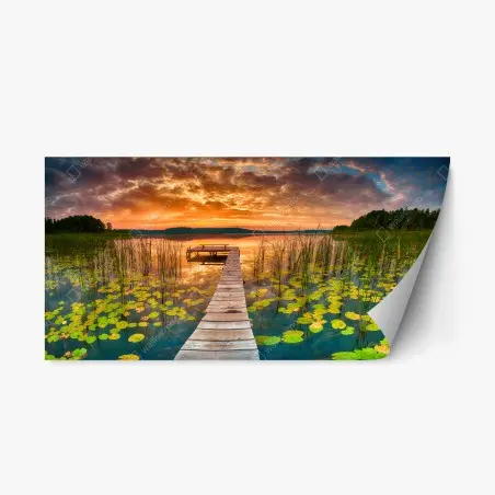 Pegatina reposicionable amanecer dorado en el muelle del lago – Pixers®