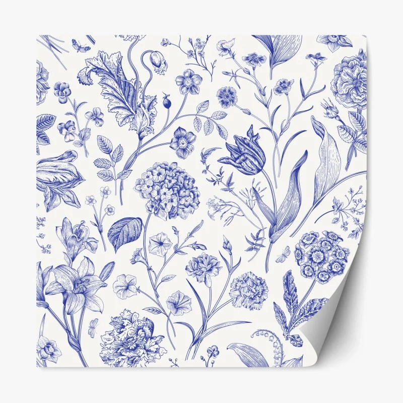 Pegatina reposicionable estampado floral clásico en azul y marfil