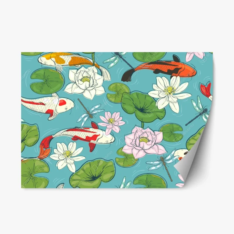 Pegatina reposicionable escena de carpas koi y flores de loto sobre estanque
